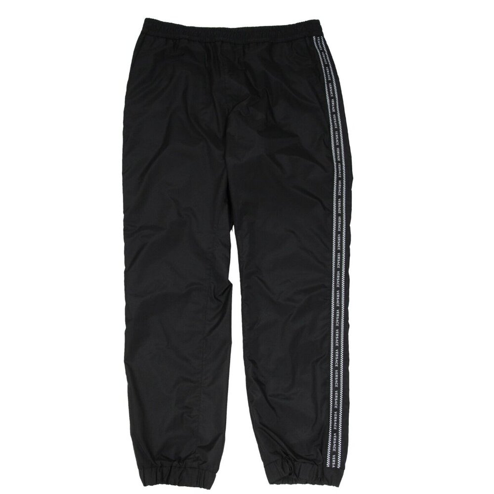 Versace Mens Logo Track Pants 50 Large Black White Side Stripe Nylon Joggers